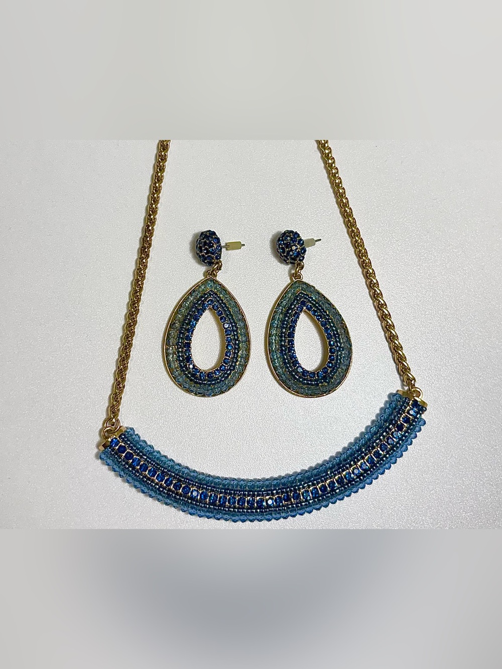 Blue Teardrop Crystal Dangle Earrings & Necklace set- Gold-Tone Detail